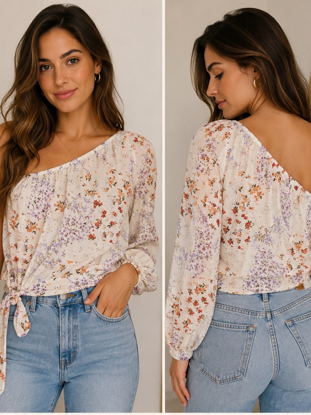 American Eagle Floral One Shoulder Tie Waist Blouse Size Medium